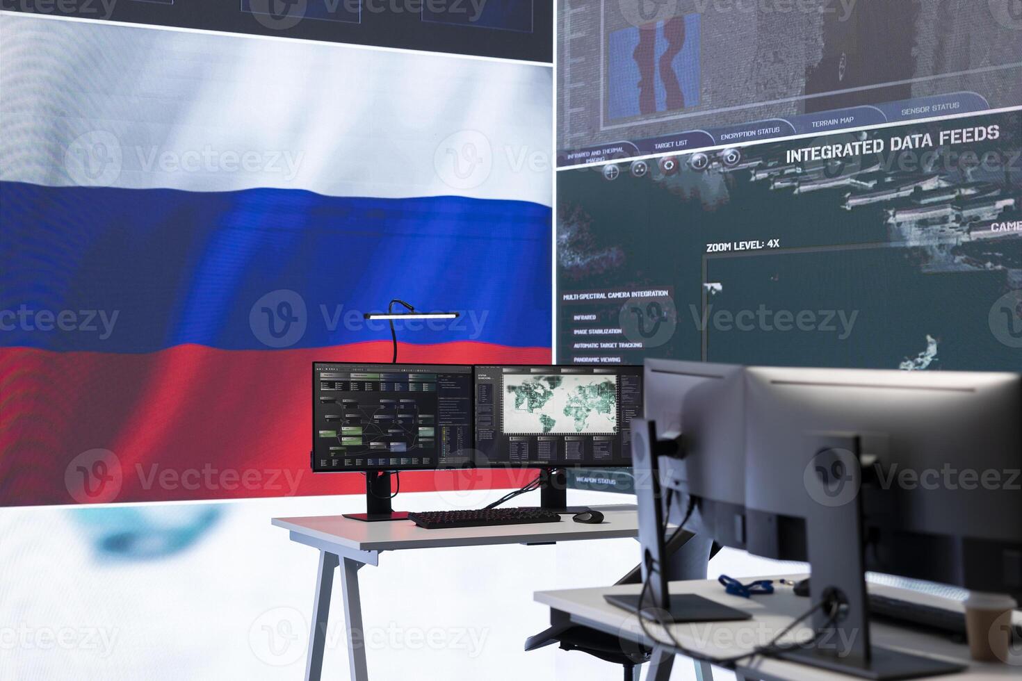 Empty russian army command center with a big screen showing the national flag, working on spreading fake news and propaganda to inflict fear and misinformation. Terrorist ideology. photo