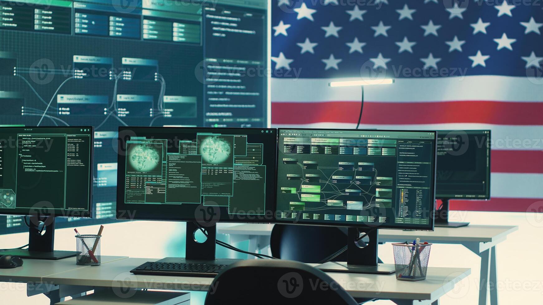 High tech governmental cyber operations center with USA flag. Network security, cyber defense and global surveillance to protect national security. Hacking tools for digital defense. Camera A. photo