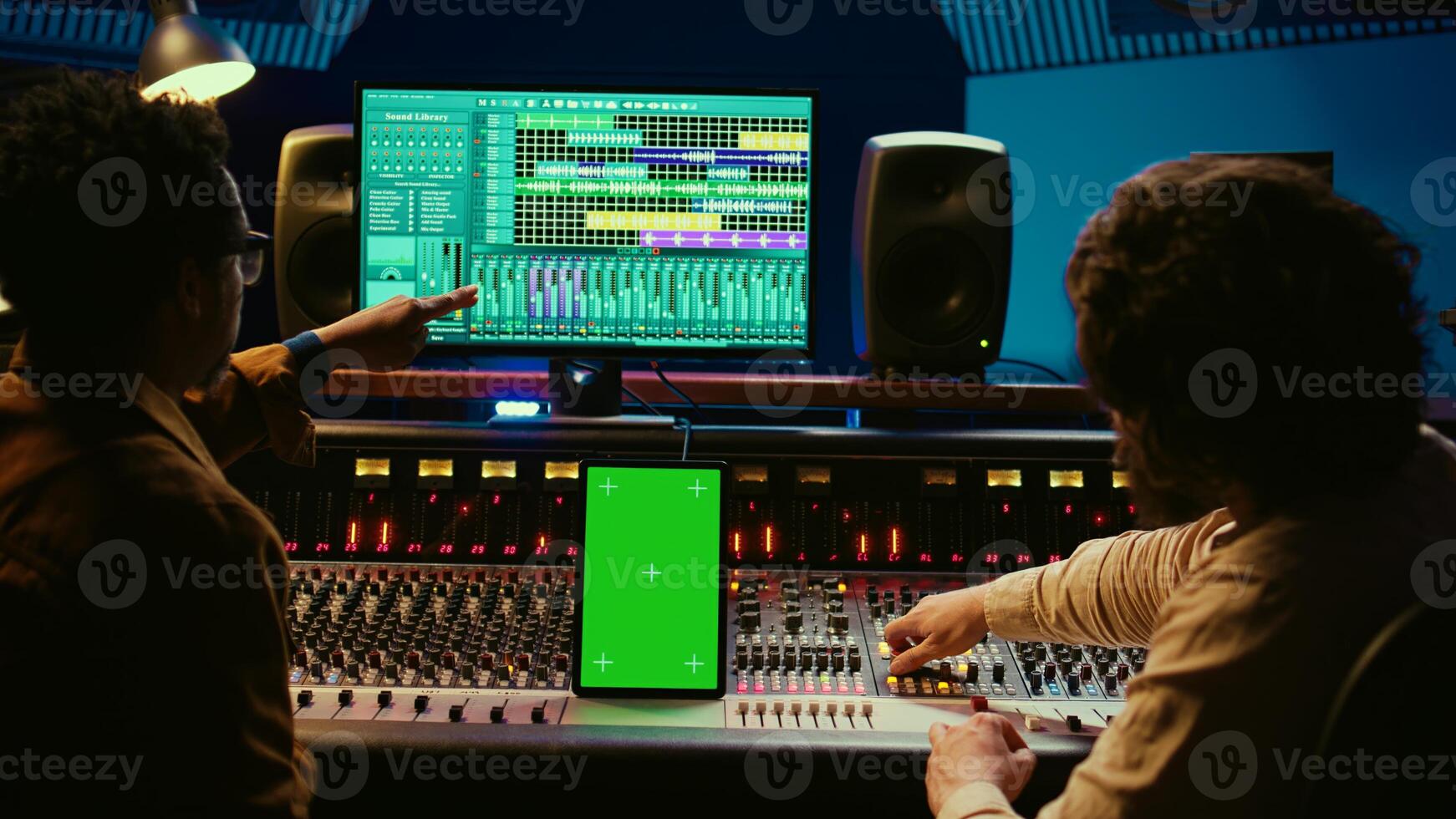 Diverse music experts working with greenscreen on tablet and mixing console in control room, pressing key buttons and pushing sliders. Artist and producer creating a hit song in studio. Camera B. photo