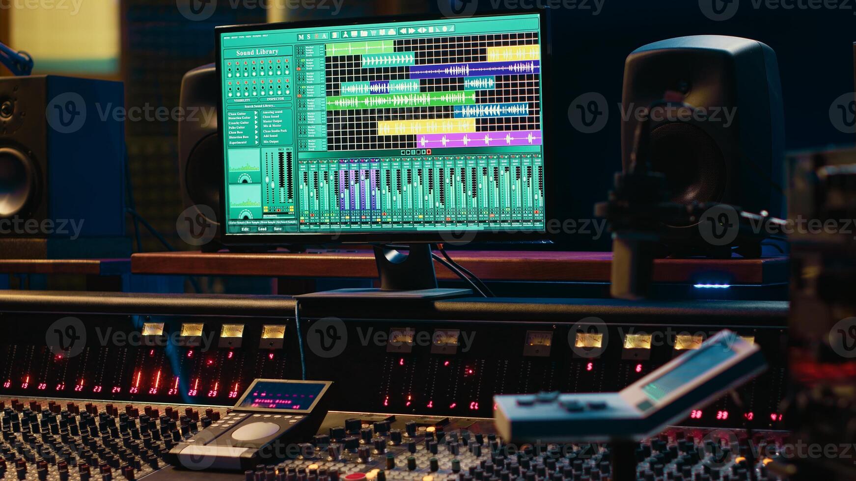 Empty control room professional studio used in music recording industry, mixing console and post production equipment. Soundproof space with daw software, faders and audio editing tools. photo