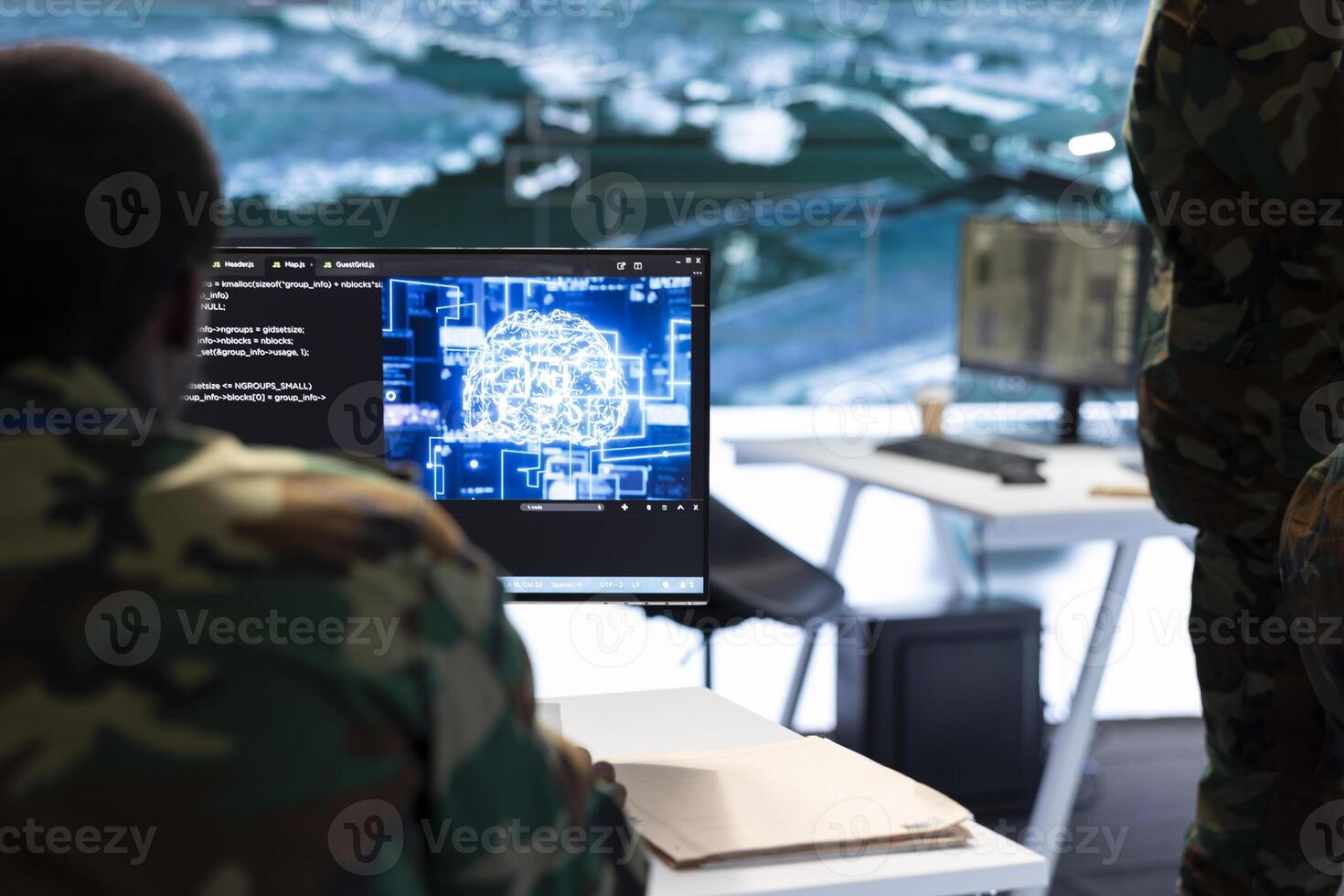 IT expert monitors AI brain intelligence system to collect crucial real time data for a new defense military operation on pc in command post. Security protocols for an intense mission. photo