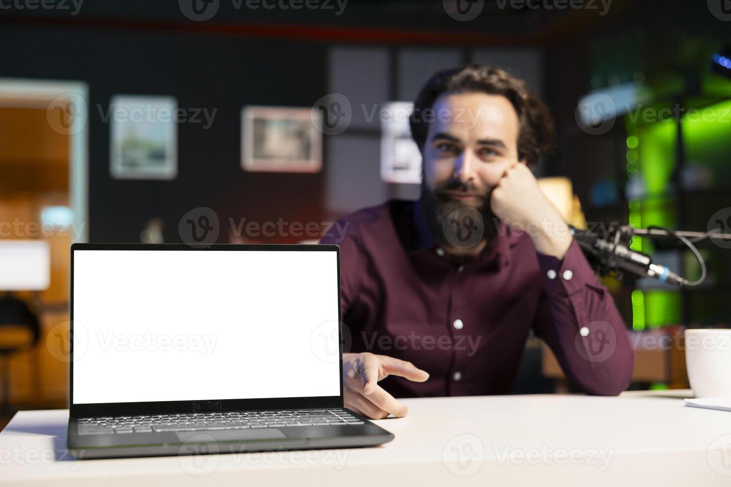 Media star filming technology haul, doing unboxing of mockup laptop. Tech expert unpacking isolated screen notebook, recording review for online channel, entertaining fans photo