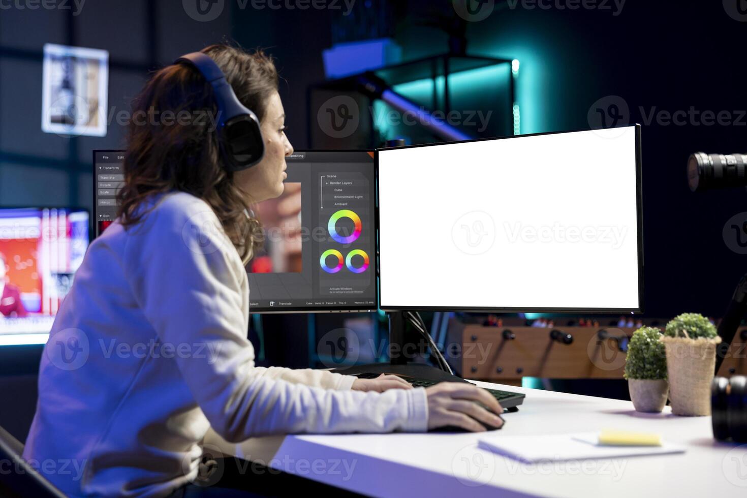 editor using editing software on isolated screen monitor to upgrade footage shot, commissioned by production teams outsourcing tasks. Freelancer videographer finishing project on mockup PC photo
