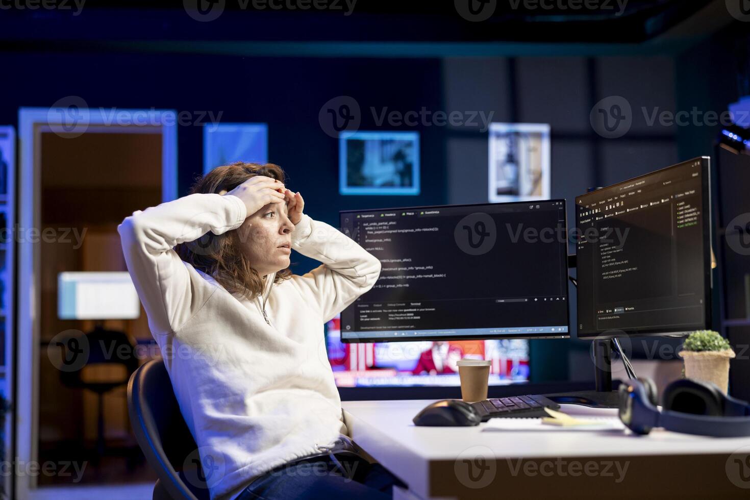 Programmer suffering from headache while filtering malicious traffic from cybercriminals attempting to steal company data. Stressed woman hurting from pain and overworking, preventing malware photo