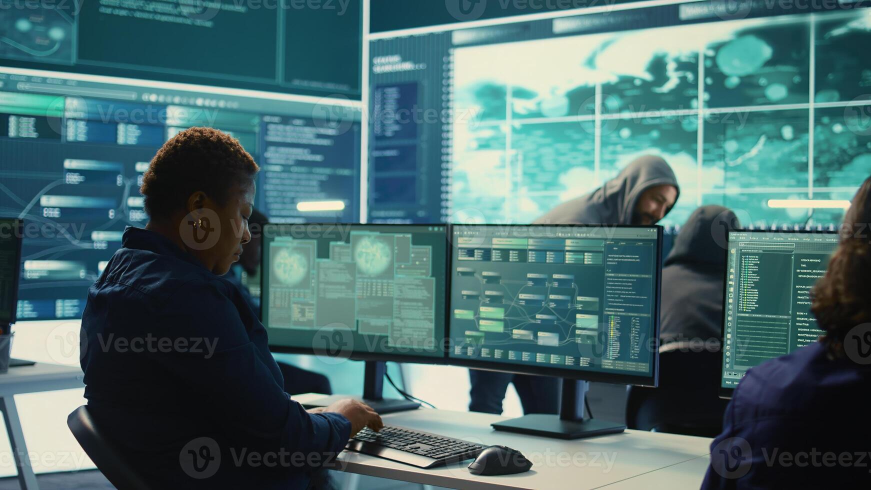 Governmental hackers analyzing big data for cyber threat detection, working at agency desks. Professional expert woman analyzes cyber intelligence and prevention of digital threats. Camera B. photo