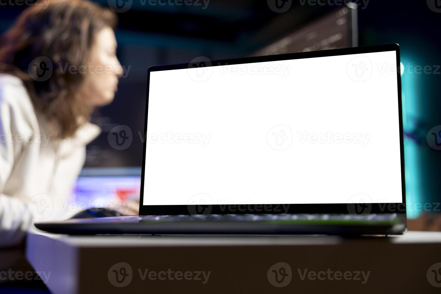 Focus on programmer using isolated screen laptop to secure company servers from virus attacks. Close up of IT remote employee writing code, building firewalls using mockup notebook photo