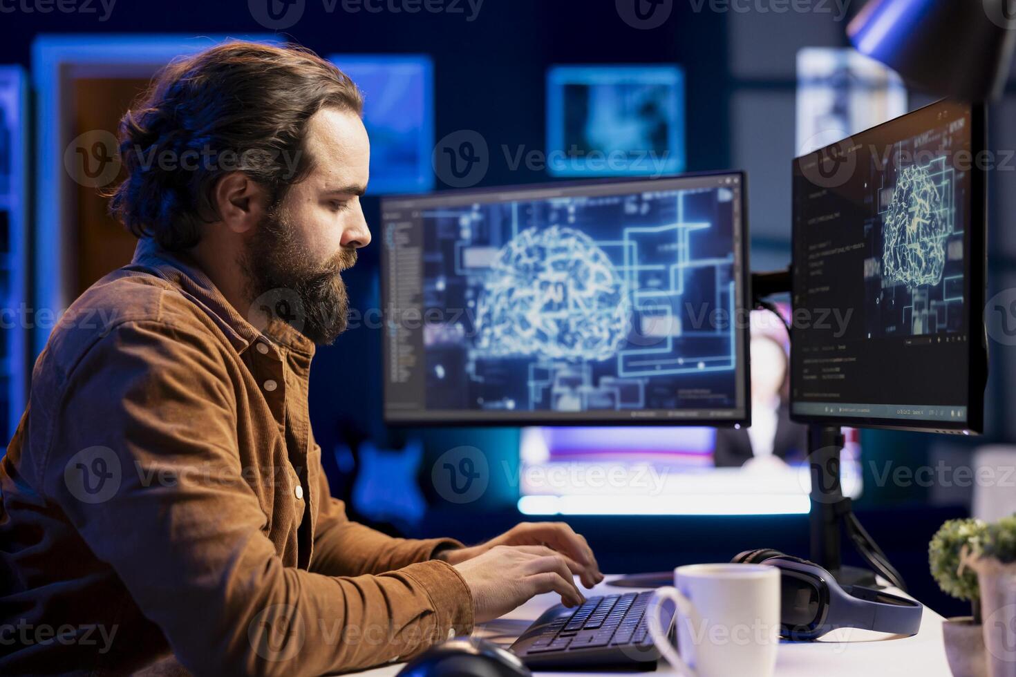Admin using computer for artificial intelligence computing simulating human brain through self learning algorithms. Employee working with AI deep neural networks on desktop PC photo