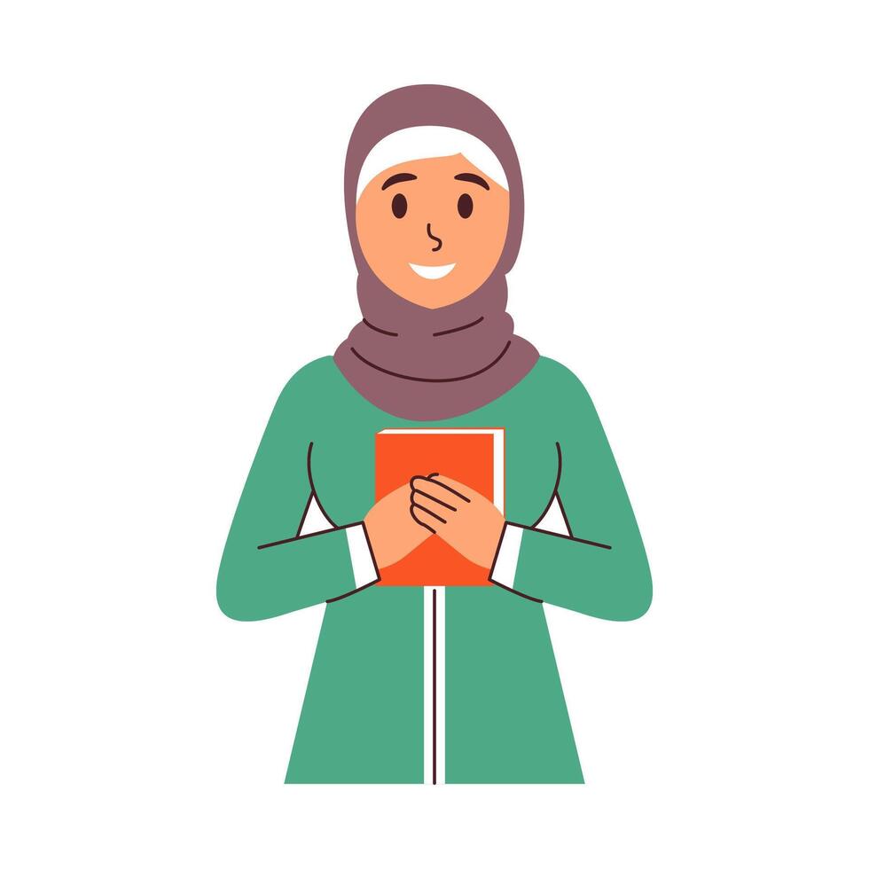 A smiling woman in a hijab gently holds a book close to her chest vector