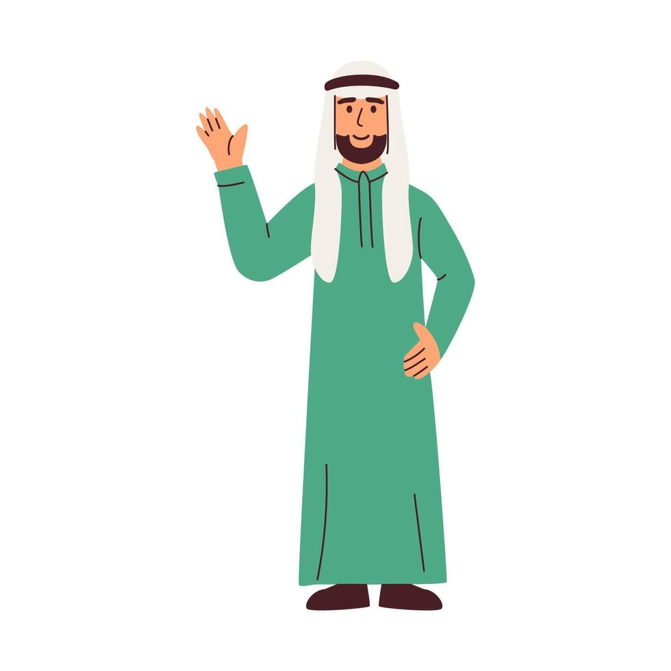 A man in traditional Middle Eastern attire offers a friendly wave vector