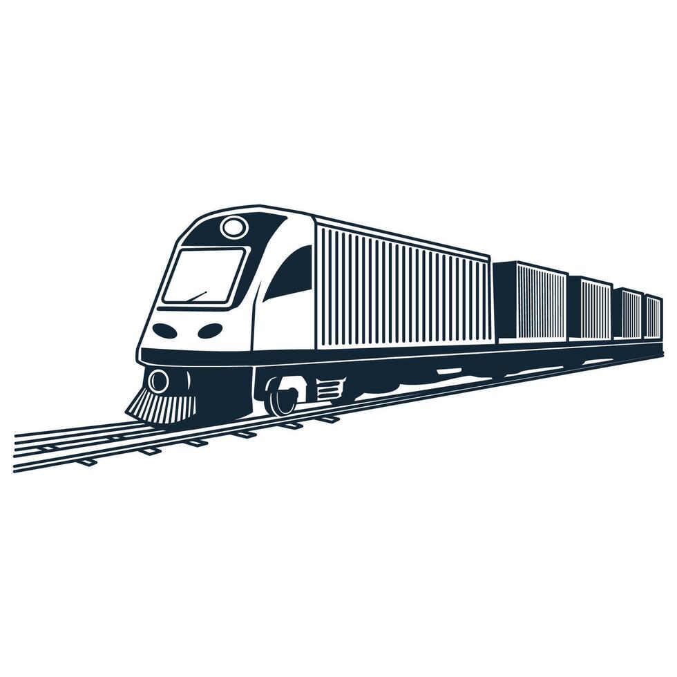 A freight train carrying cargo speeds along the tracks vector