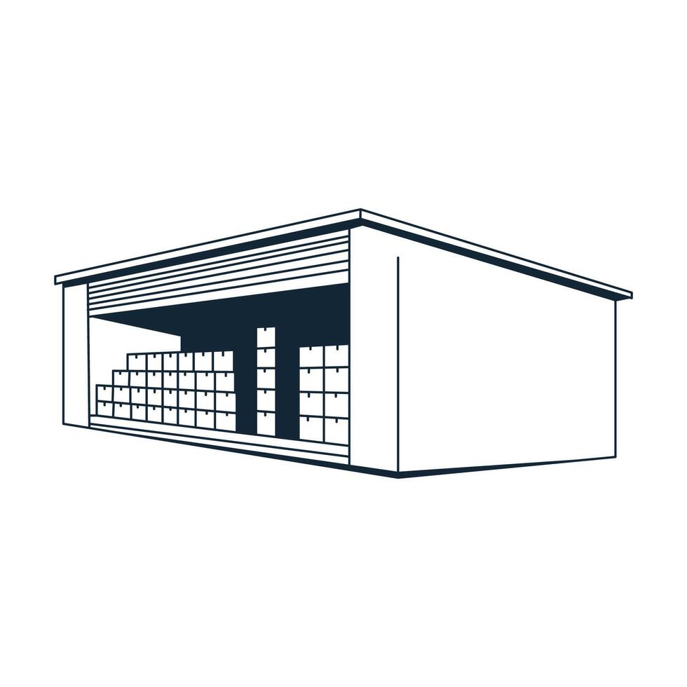 A warehouse with a roll up door and numerous stacked boxes inside vector