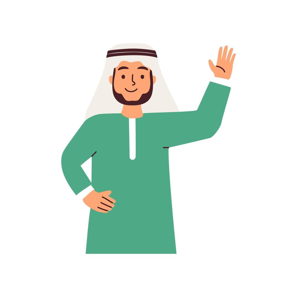 A man in traditional Arab clothing waves hello vector