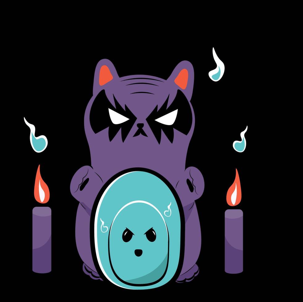 A black cat that looks cute and angry in the dark, with black background to celebrate,with ghost, black cat and witch hat. cartoon cute characters with scary smile and boo expression. vector