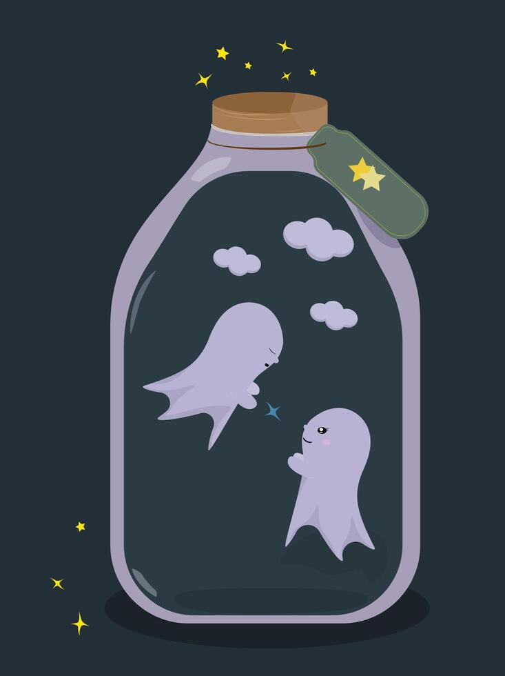two little cute ghosts sit in a large jar with clouds and give two each other a star vector