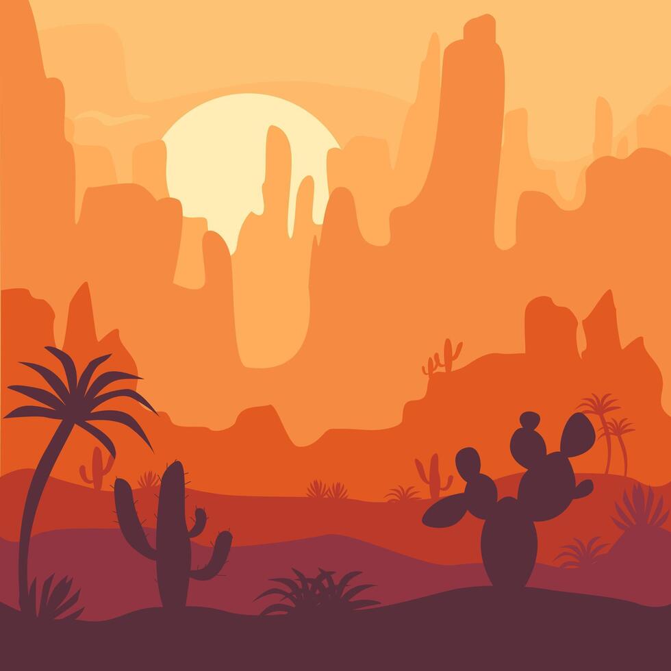 sunrise and sunset over a huge canyon in the desert, view of the mountains and desert plants shadows of palm trees and cacti from the setting sun vector