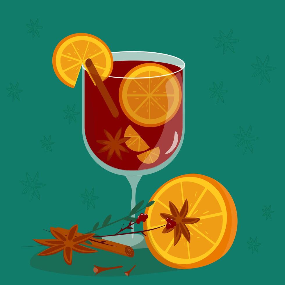 bright illustration, a tall glass with a hot drink of red wine color Gdintwein with orange and cinnamon tall glass with red drink vector