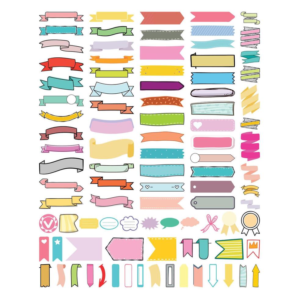 Ribbon Banner Color, Decorative Scroll. Colorful ribbon banners, handdrawn style, featuring pink, orange, purple, yellow, light blue ribbons. Banners text, doodle ribbons decorative messaging, scroll vector