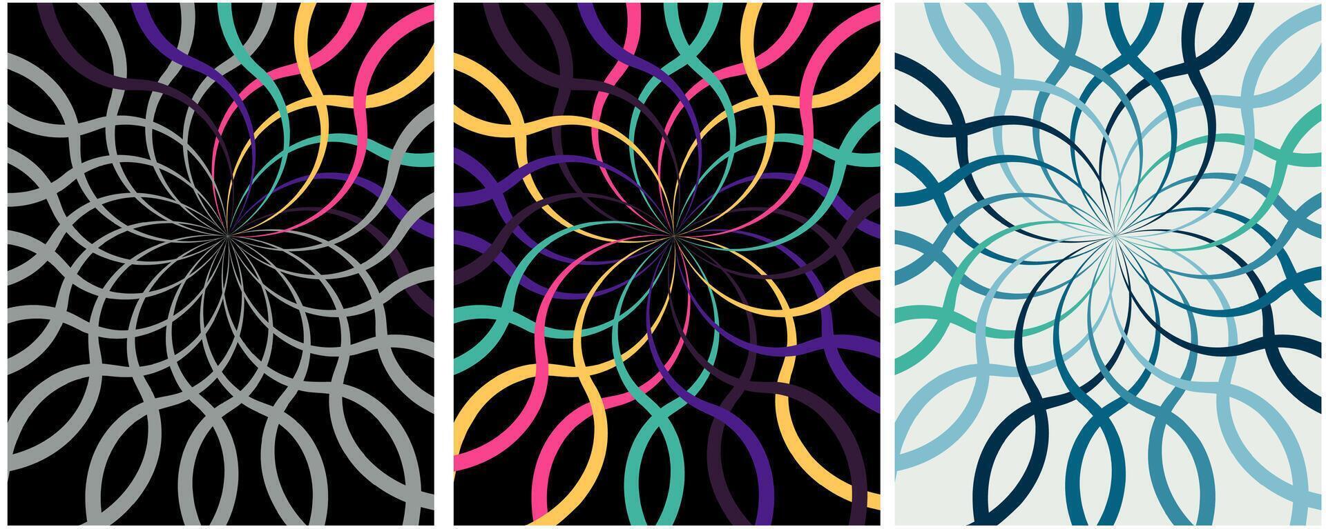 circular illusion illustration with hypnosis effect. collage of multi-colored hypnotic pictures. Beautiful zigzags vector