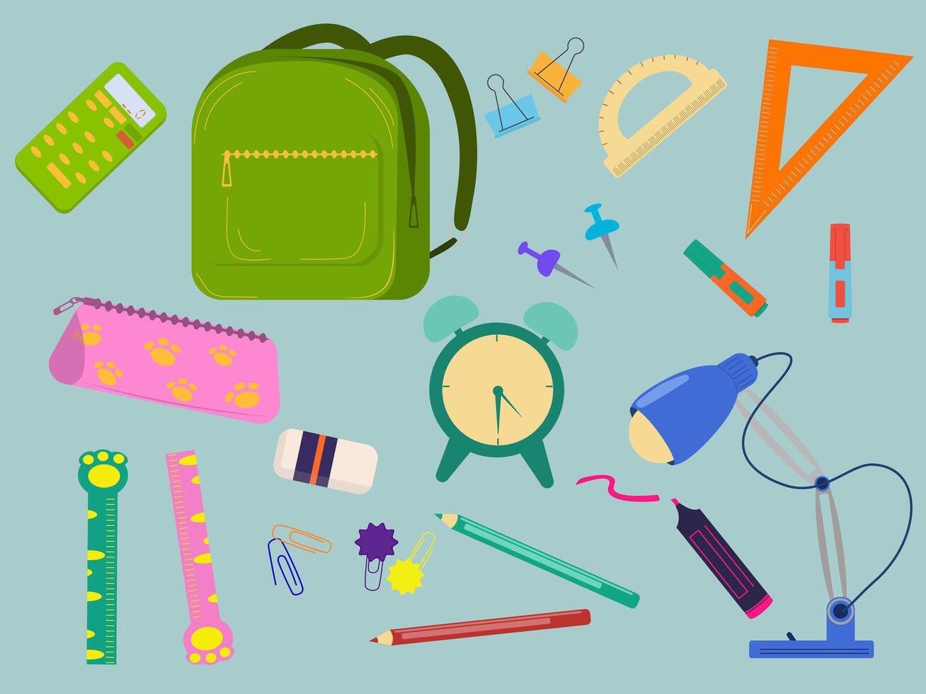 meeting of school subjects back to school, welcome to school illustration of school supplies buttons paper clips pencil case backpack vector