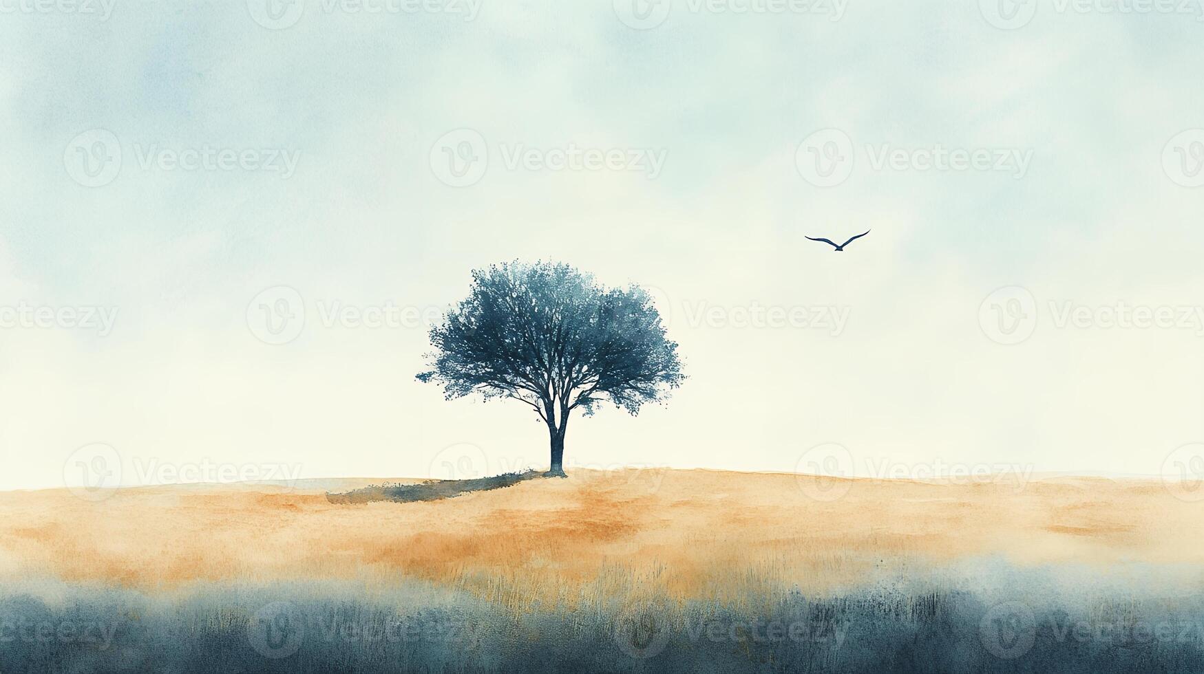 Serene Landscape with Lone Tree and Bird in Tranquil Atmosphere photo