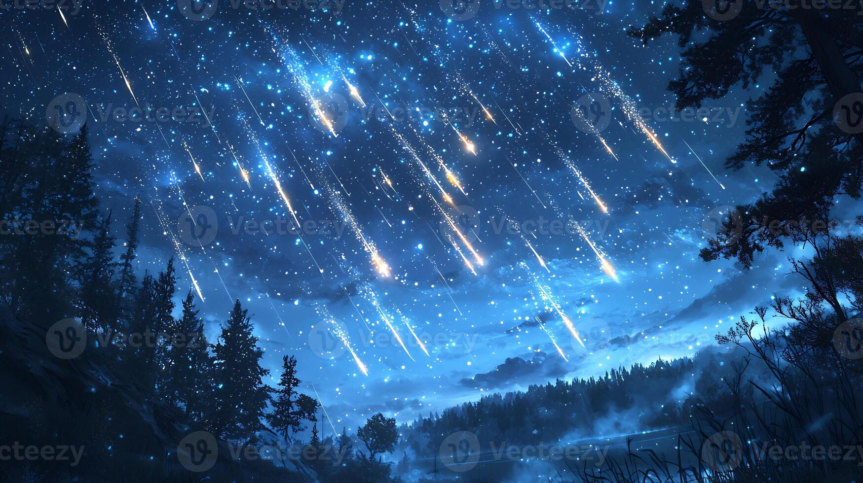 Enchanting Meteor Shower Over Serene Forest Landscape photo