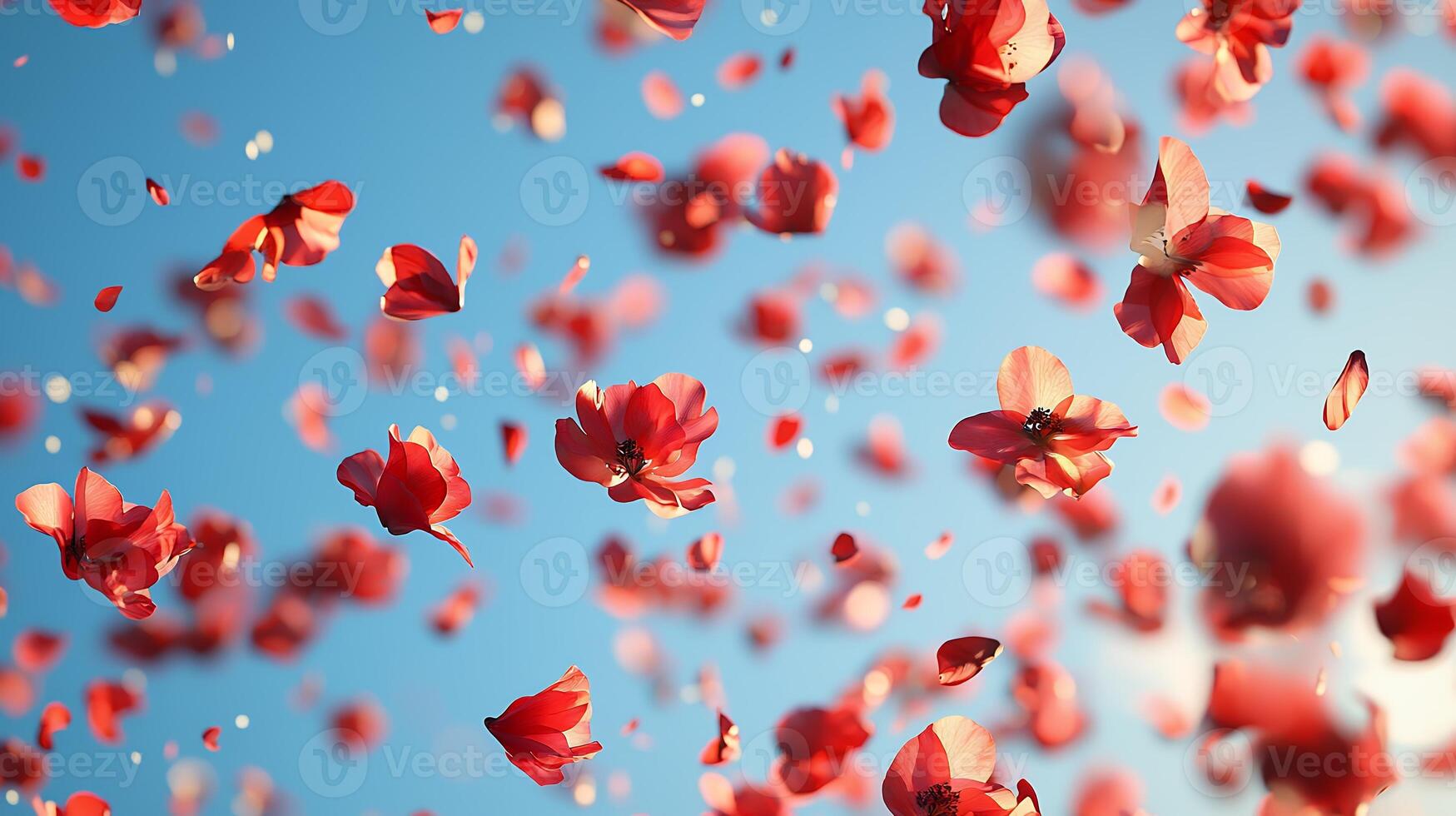 Beautiful Red Flower Petals Falling Against Clear Blue Sky photo