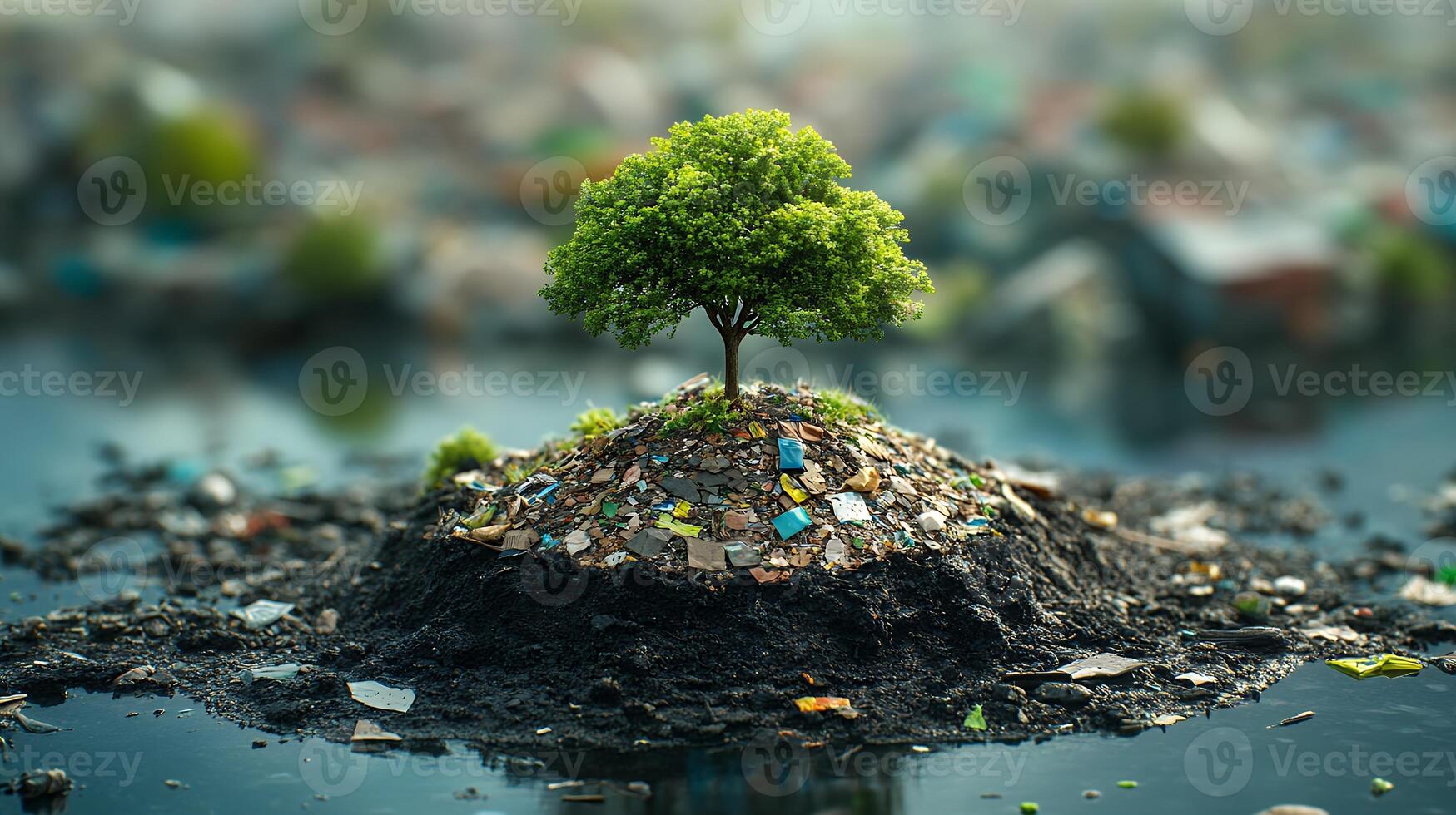 Tree on Island of Rubbish in Oily Water Depicting Pollution Crisis photo