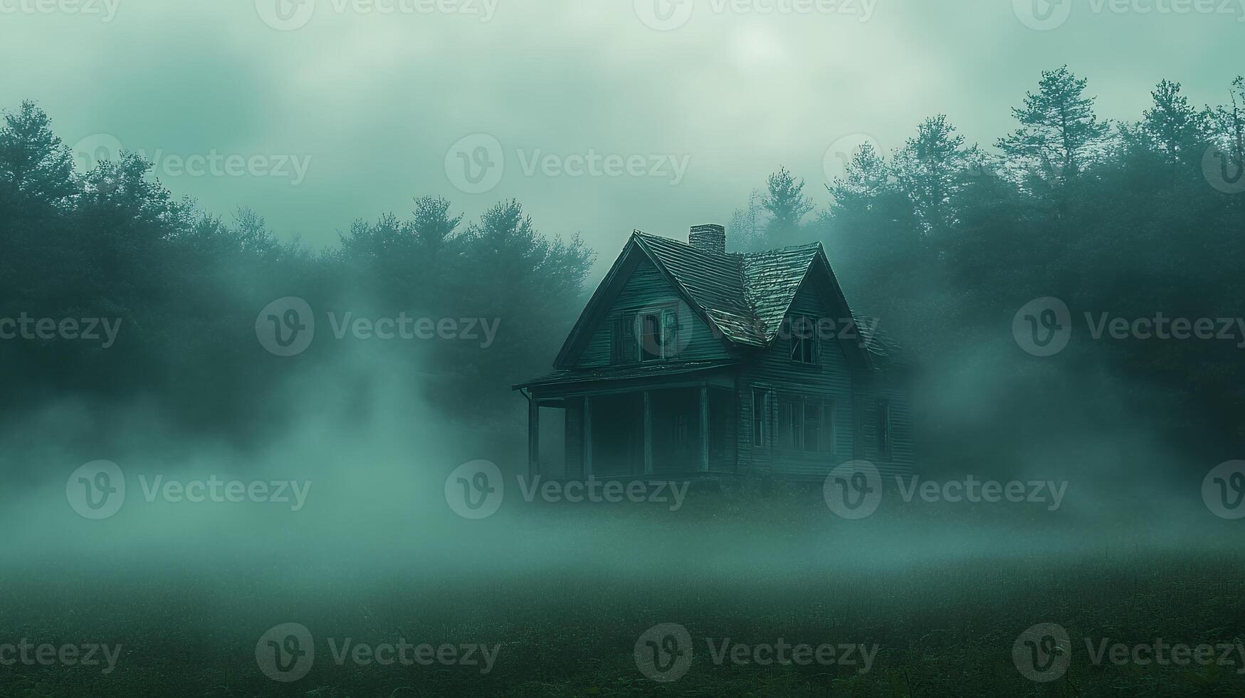 Abandoned House Surrounded by Misty Forest in Eerie Atmosphere photo