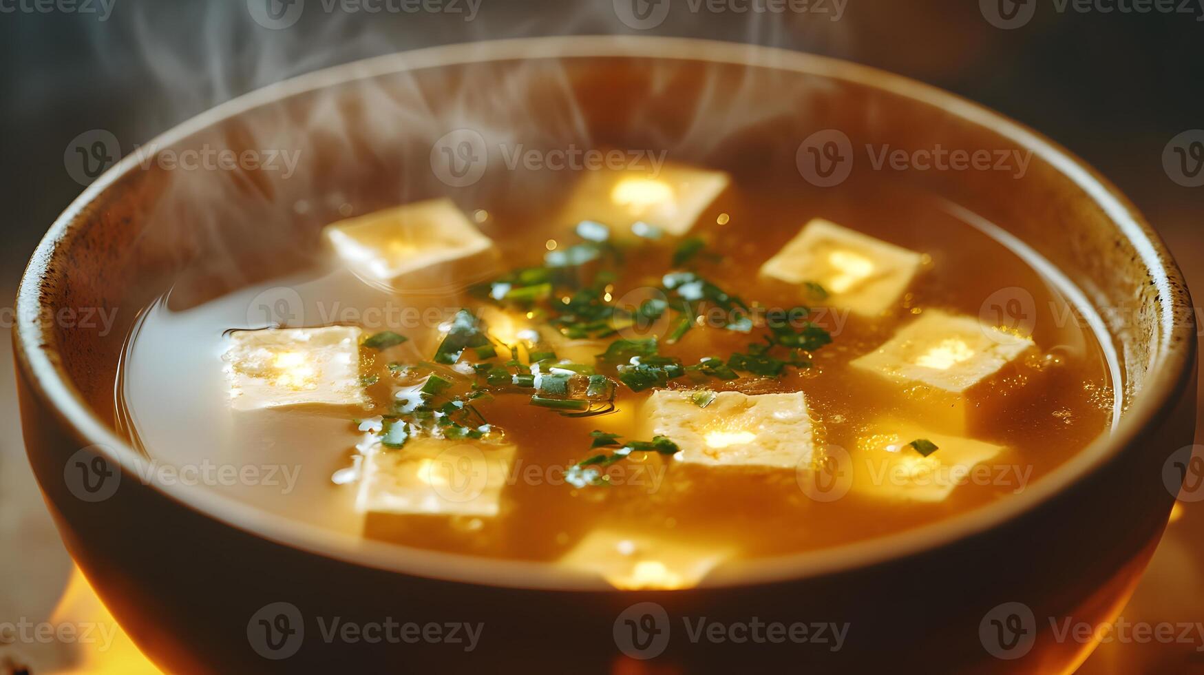 Steaming Bowl of Tofu Soup with Fresh Herbs and Savory Broth photo