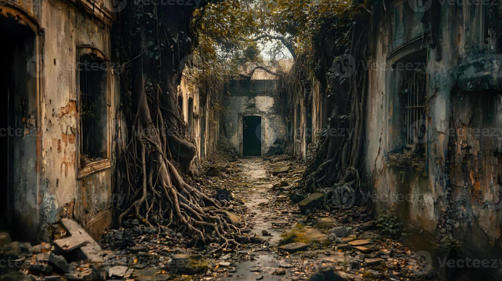 Abandoned Building Surrounded by Thick Roots and Overgrown Vegetation photo