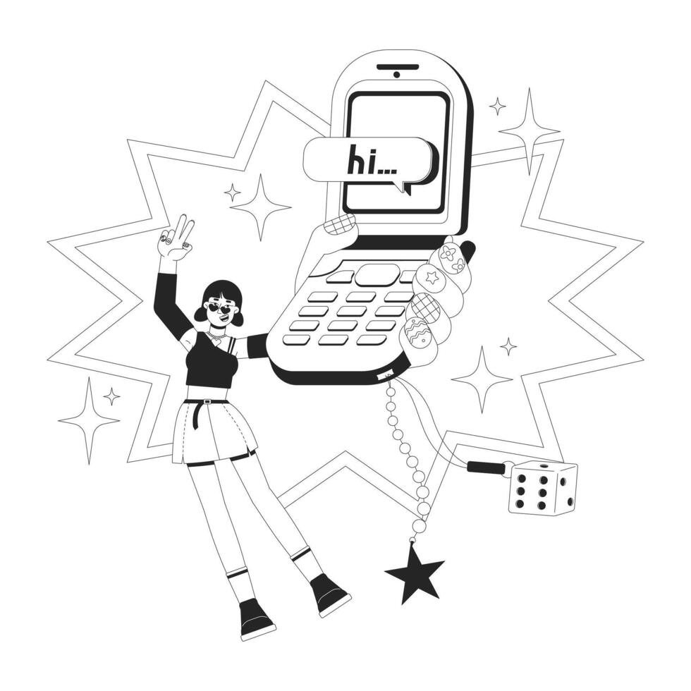 Retro flip phone and 2000s aesthetic black and white 2D illustration concept. Hi text messaging. Girl celebrating mobile with Y2K charms outline character isolated. Metaphor monochrome art vector