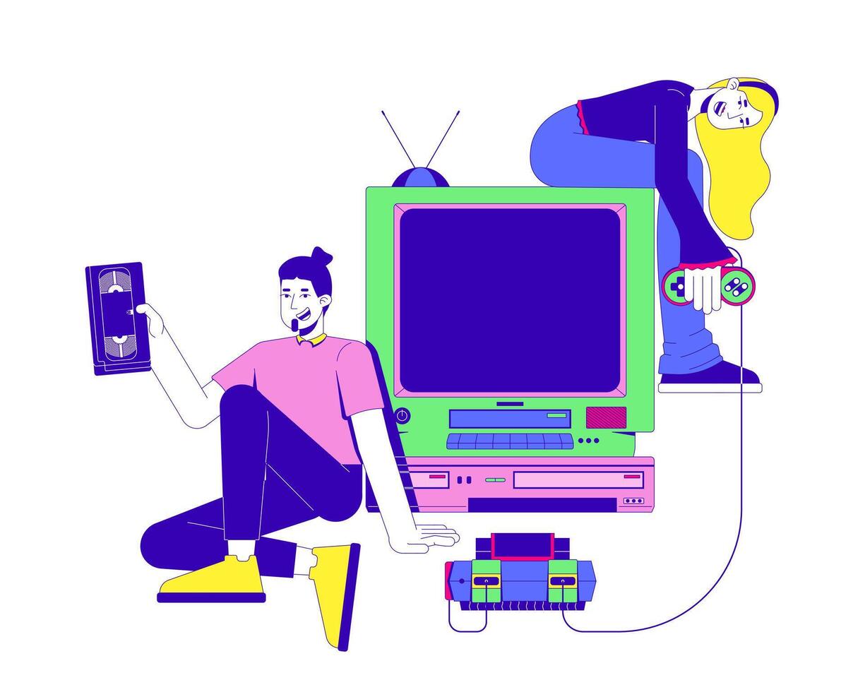 Retro gaming and VHS era nostalgia 2D illustration concept. Controller gamer girl. cassette man. Y2K friends old TV cartoon characters isolated on white. Metaphor abstract flat graphic vector