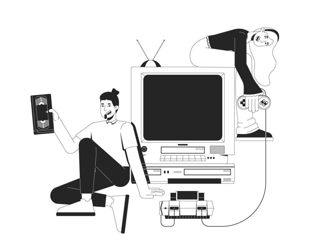 Retro gaming and VHS era nostalgia black and white 2D illustration concept. Controller gamer girl. cassette man. Y2K friends old TV outline characters isolated. Metaphor monochrome art vector