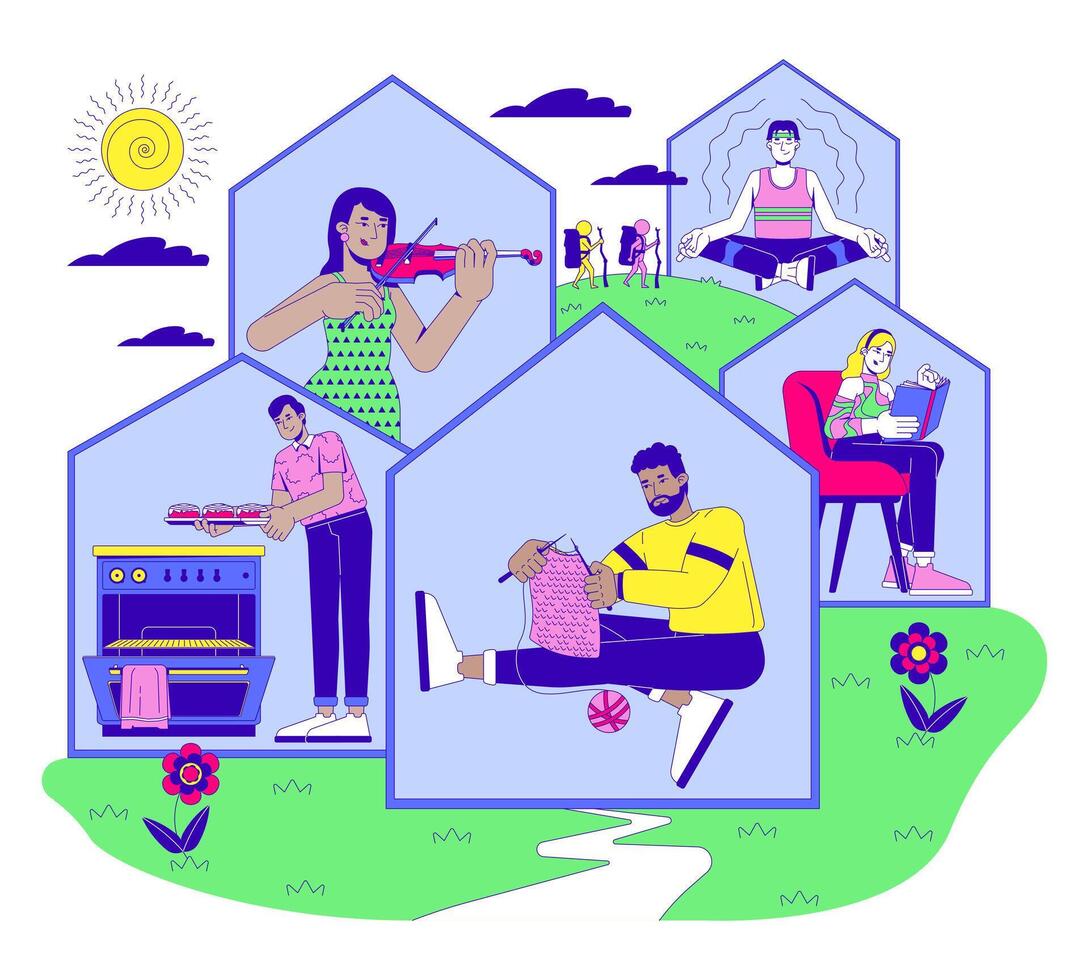 Offline hobbies at home 2D illustration concept. Digital detox. Relaxing activities. Indoor lifestyle. People leisure cartoon characters isolated on white. Metaphor abstract flat graphic vector