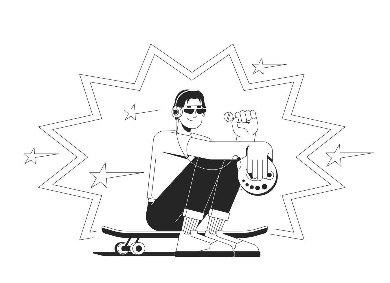 Headphones retro skater eating lollipop with CD player black and white 2D illustration concept. 90s music, y2k boy sitting on skateboard outline character isolated. Metaphor monochrome art vector