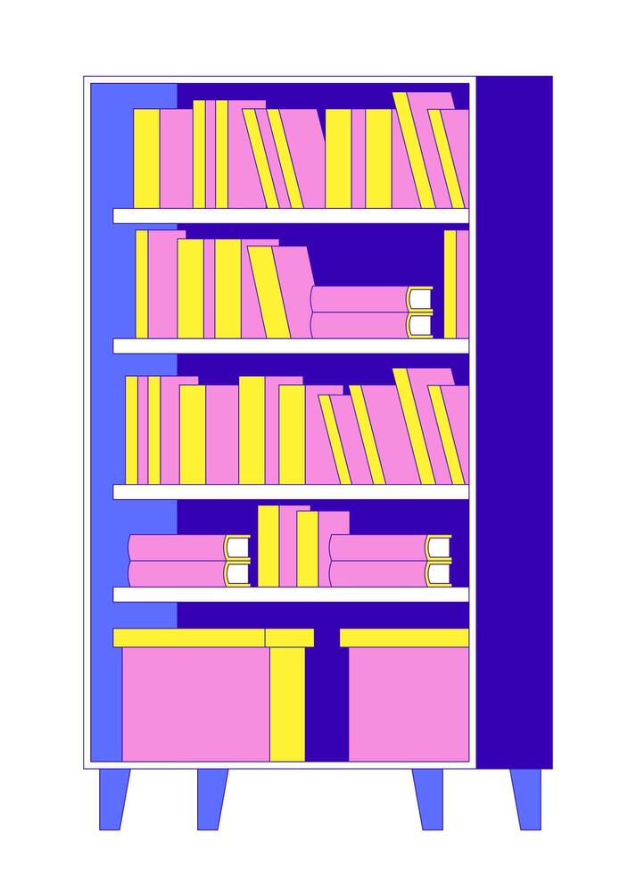 Bookcase with books and storage boxes 2D cartoon object. Bookshelves knowledge. Office furniture. Organized shelves isolated element flat clipart on white background. Spot illustration vector