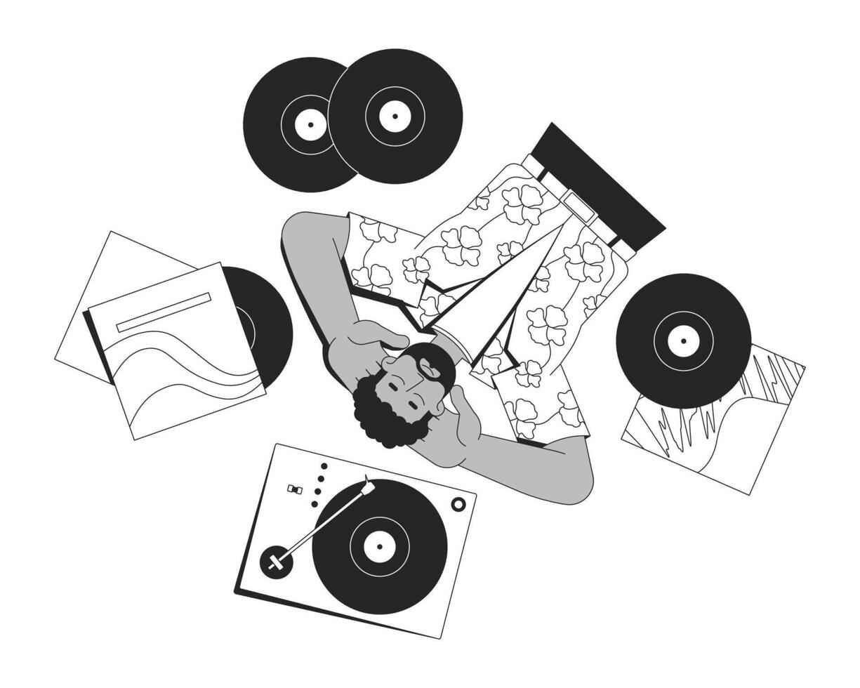 Retro black man listening to vinyl records on turntable linear illustration. 70s music culture. African american male audiophile 2D line character isolated on white. Monochrome outline image vector