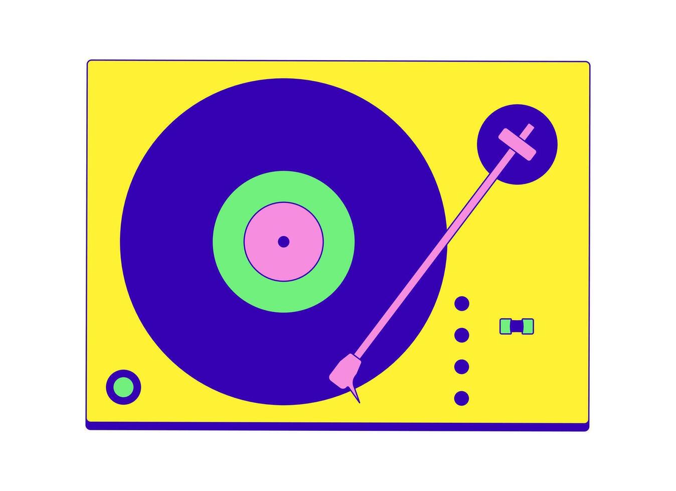 Retro turntable with vinyl record 2D cartoon object. Classic music playback. Analog sound. Old-school vibes equipment isolated element flat clipart on white background. Spot illustration vector