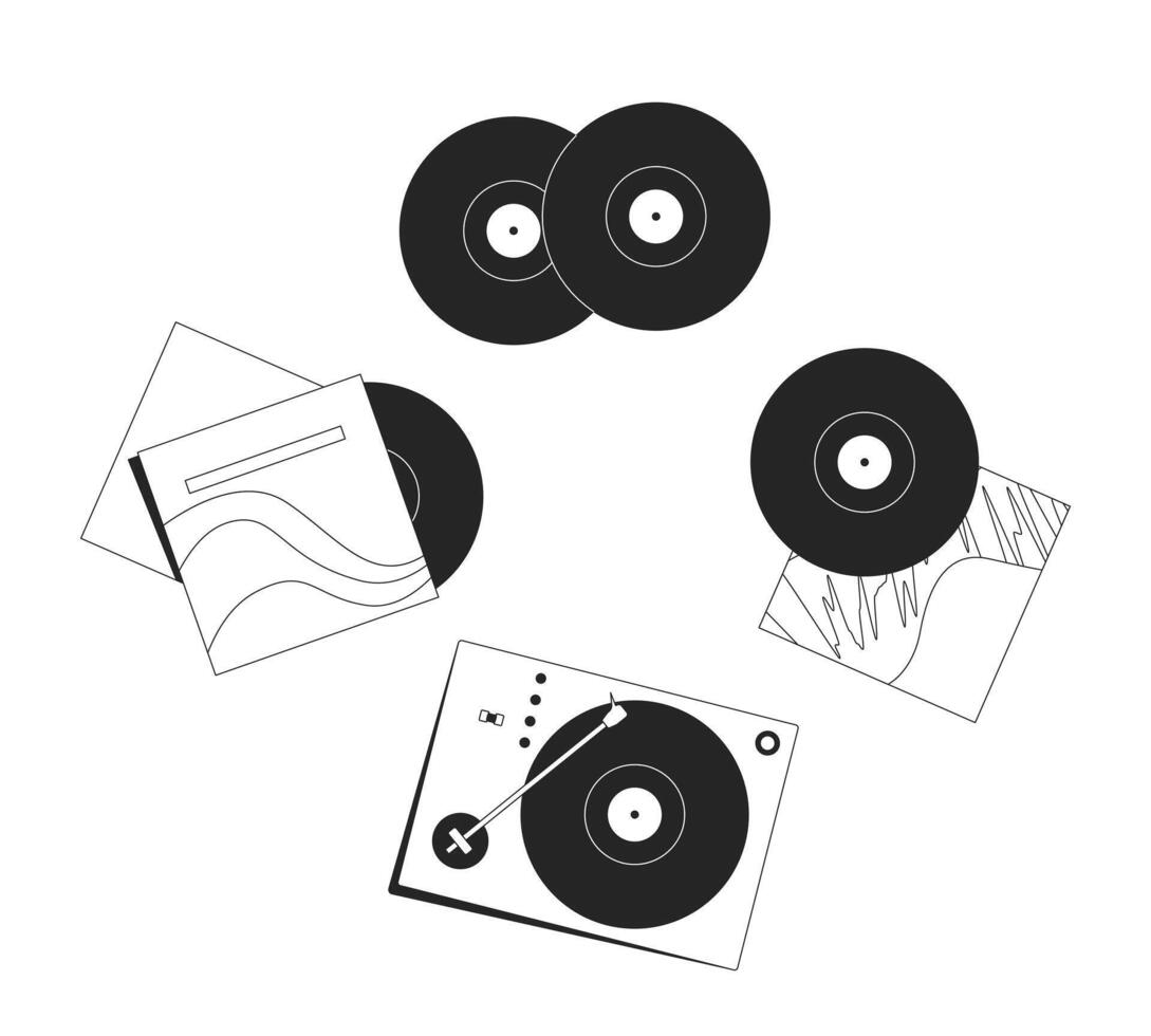 Turntable, vinyl records and album covers linear illustration. Vintage sound. Lp recordplayer 90s 70s. Analog music retro 2D line composition isolated on white. Monochrome outline image vector
