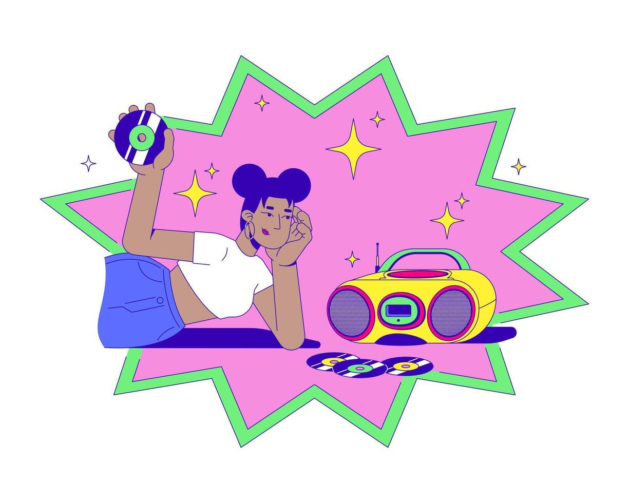 African american y2k girl with CDs and boombox 2D illustration concept. 2000s fashion music lover black woman compact discs cartoon character isolated on white. Metaphor abstract flat graphic vector