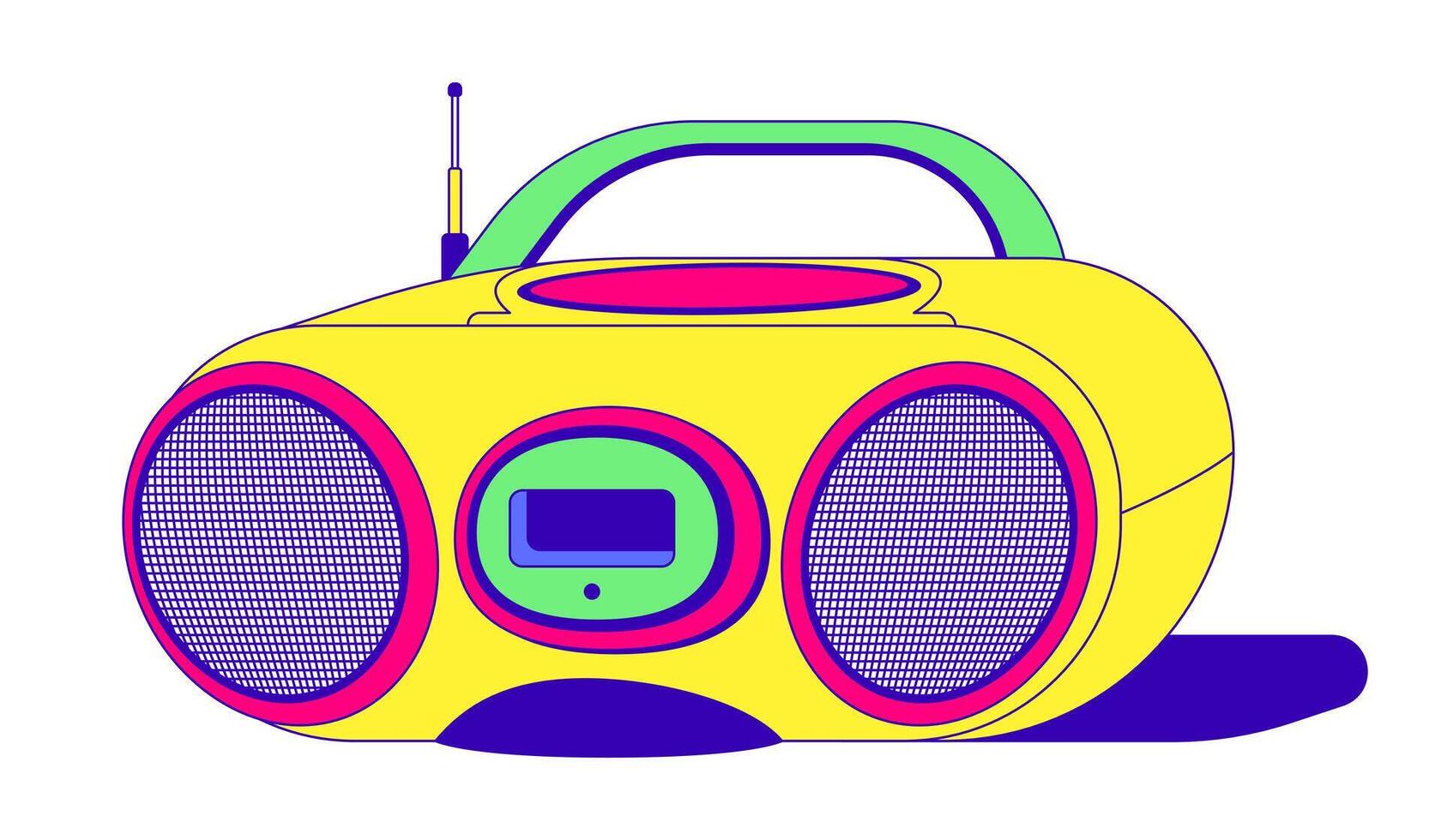 Vintage boombox with antenna and dual speakers 2D cartoon object. Retro music culture. Audio device. Portable sound system isolated element flat clipart on white background. Spot illustration vector