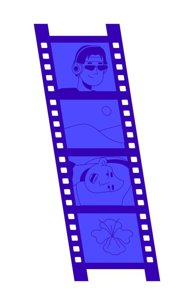 Vintage film strip with cinematic scenes 2D cartoon object. Man headphones, landscape, flower, smiling woman. Movie reel isolated element flat clipart on white background. Spot illustration vector