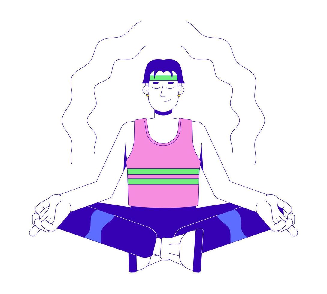 Korean man sitting in lotus position, meditating peaceful 2D cartoon character. Mindfulness inner balance. Asian guy isolated person flat on white background. Spot illustration colorful vector