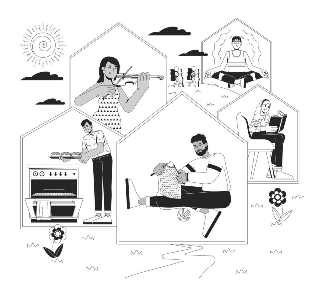 Offline hobbies at home black and white 2D illustration concept. Digital detox. Relaxing activities. Indoor lifestyle. People leisure outline characters isolated. Metaphor monochrome art vector