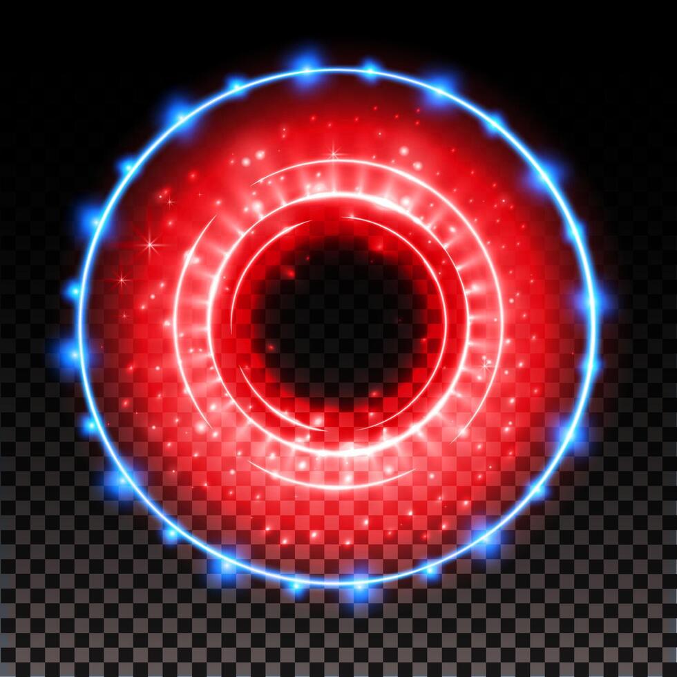 Red hologram portal. Magic fantasy portal. Magic circle with halo effect. blue glow scifi teleport with sparks and hologram, technology background. vector