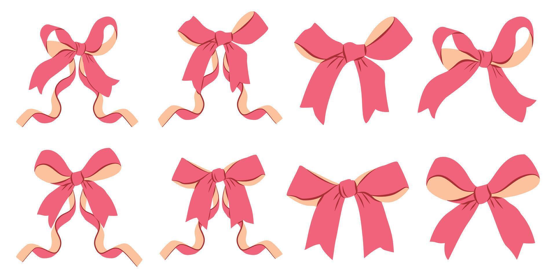 Bows with Pink Ribbons Set in Flat Cartoon Style vector