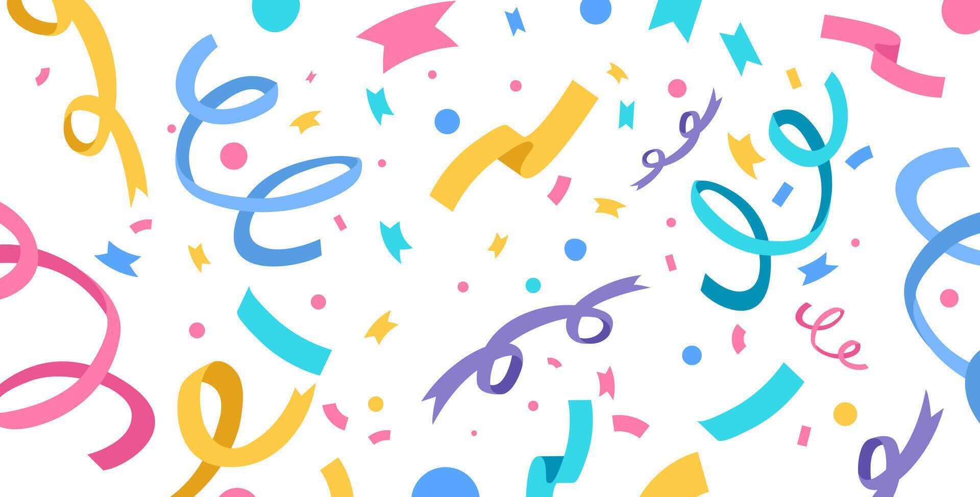 abstract background with many falling tiny colorful confetti pieces and ribbon. Decoration colorful party pennants vector
