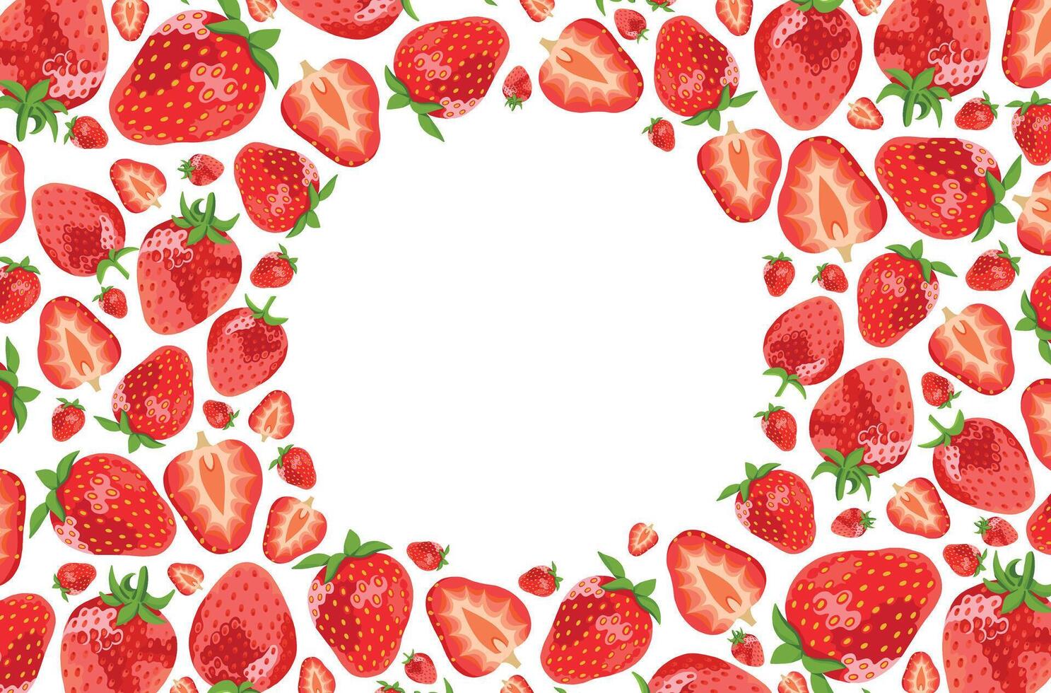Realistic Red Strawberries Round Frame on White Rectangular Background vector