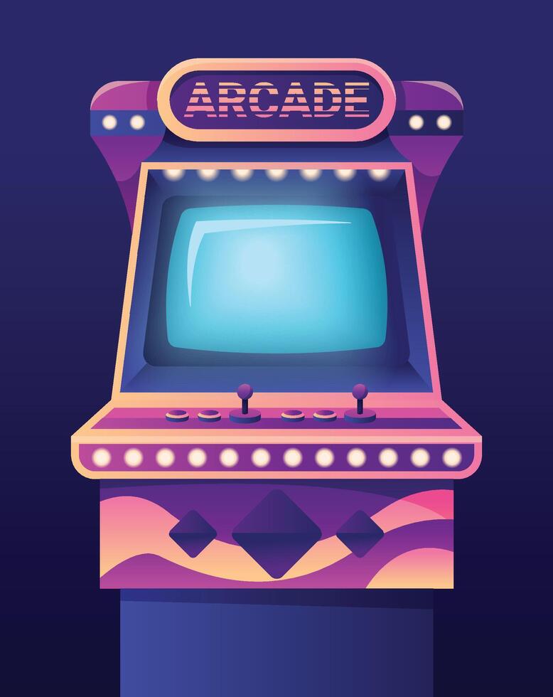 Arcade game machines isolated on black background. cartoon illustration of retro computer gaming cabinet with buttons, joystick console, coin slots, menu options text on neon display vector