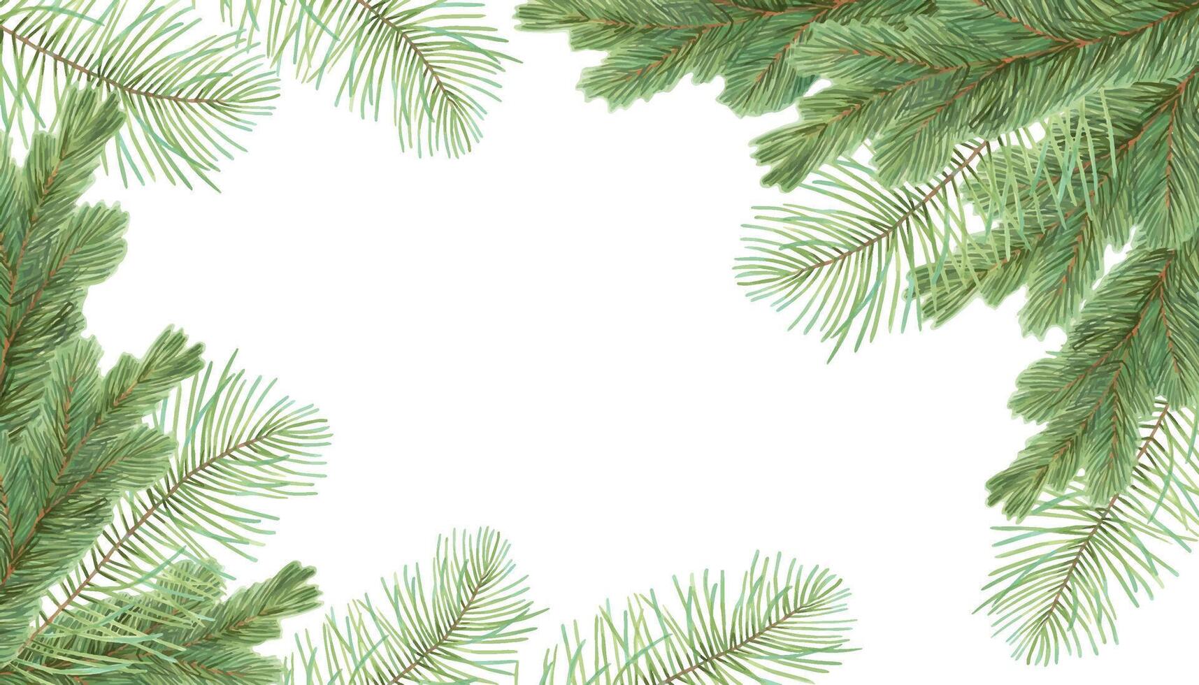 Horizontal frame made of pine and spruce branches. Illustration with watercolor and marker. Christmas background with evergreens. Hand drawn isolated art. Natural backdrop for the New Year with cedar vector